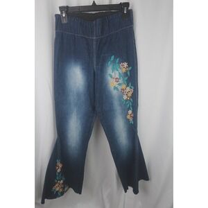 Judith March Women's S Bell Bottom Jeans Floral Embroidered Flare Elastic Waist
